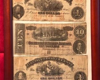 Group of framed Confederate ten-dollar bill with one-dollar bills as well