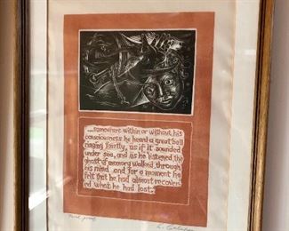 Italian-American painter, engraver, and printmaker Letterio Calapai was born in Boston, Massachusetts in 1903.  This collection is three woodblock prints after texts by Thomas Wolfe dated 1987. There are two signed proofs with a third signed and inscribed to David Donald. "Look Homeward", "Angel and a Stone", "A Leaf, An Unfound Door". 