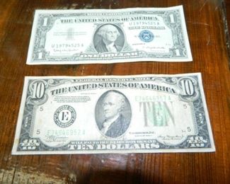 Silver series $1 bill, 1950's $10 bill