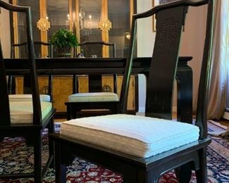 Chinoiserie Style Dining Set, Six Chairs, Hutch, Sideboard and Glass Inset Table