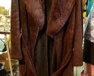 Full length suede coat trimmed w mouton