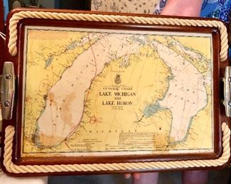 Cool vintage nautical tray with chart of Great Lakes 