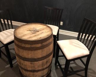 WINE CASK - AND 3 BAR STOOLS