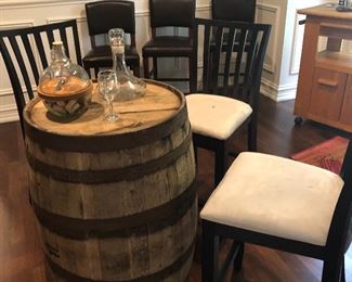 Wine Cask, decanters, cheese board with cover and bar stools - 2 sets of 3 each