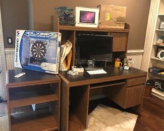 Desk with hutch (removable) and side desk (great for a printer), monitor, pcs and dart board