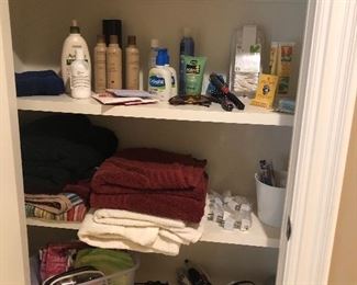 Sundries, towel, curling irons and shower head and body spray