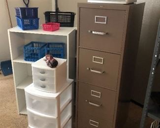file cabinets, shelving unit, plastic storage shelves and baskets