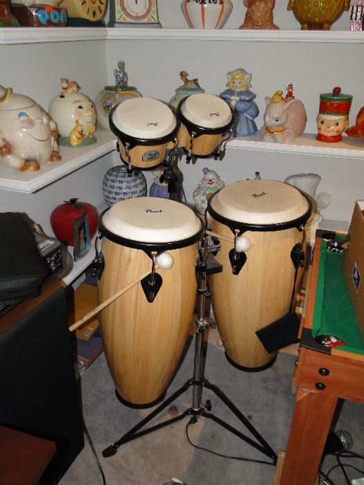 Pearl Bongo and conga drum set with stands $400