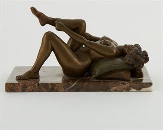 Louis Chalon (1866-1940). Bronze sculpture titled "Recumbent Female Nude." Patinated bronze on a marble base. Signed in the bronze under the pillow. 
SKU: 01583
Follow us on Instagram: @revereauctions