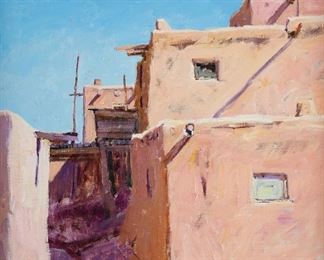Walt Gonske (b. 1942). Oil on canvas titled "Taos Pueblo," depicting a scene of Taos Pueblo. Signed along the lower right. Further signed Gonske Nawa and titled along the verso. Additionally inscribed #771 and P, H, J along the verso. 
SKU: 01176
Follow us on Instagram: @revereauctions