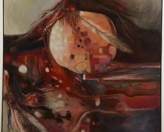 Loren Willis (20th c). Oil on canvas titled "Indian on Horse" depicting a semi-abstracted man on a horse. Signed and dated '79 along the lower right. Two labels from the Art Wagon Gallery are adhered to the verso.
SKU: 01977
Follow us on Instagram: @revereauctions