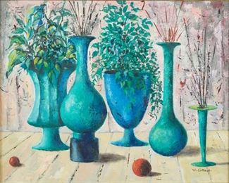 William Sylvester Carter (1909-1996). Oil on board depicting a group of vases. Signed and dated '64 along the lower right. The verso is additionally painted with an ancient Egypt themed sketch. 
SKU: 01913
Follow us on Instagram: @revereauctions