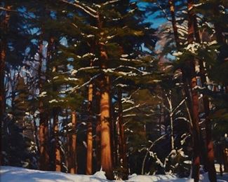Ronal Parlin (20th c.). Oil on board titled "Silent Warmth" depicting trees in the snow. Signed along the lower right. 
SKU: 01800

Follow us on Instagram: @revereauctions