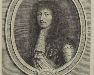 Robert Nanteuil (c. 1623-1678). Engraving of Louis XIV of France, 1664. Inscribed surrounding the portrait "LVDOVICVS XIII DEI GRATIA FRANCIAE ET NAVARRAE REX." Signed and dated in the plate along the lower left, and inscribed "Cum privilegio Regis" along the lower left. 
SKU: 01918
Follow us on Instagram: @revereauctions