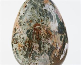 One large egg-form carving of ocean jasper with beautiful striations. 
SKU: 01364
Follow us on Instagram: @revereauctions