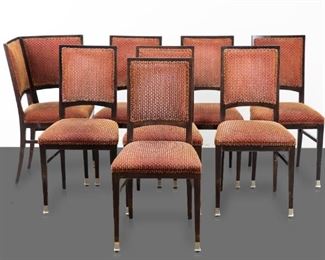 Set of eight Vienna Secessionist chairs in the manner of August Ungethüm (1864-1911). Austria, circa early 20th c. Seven side chairs and one corner chair. Red and gold upholstery. Unsigned. August Ungethüm was a successful Viennese cabinet maker who worked for his family furniture company, founded by his father, August Friedrich Ungethüm (1834-1905), to create some of the most popular furniture in Austria during the Vienna Secession period. He studied under Josef Hoffman and Otto Wagner, and designed his own furniture as well as producing designs by such notable designers as Koloman Moser. 
SKU: 01923
Follow us on Instagram: @revereauctions