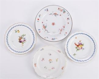 Group of four 18th and 19th c. Meissen porcelain plates. All hand painted with floral and fruit motifs. Three with gilded edges. All marked with the Meissen crossed swords mark in underglaze blue along the underside. 
SKU: 01286
Follow us on Instagram: @revereauctions