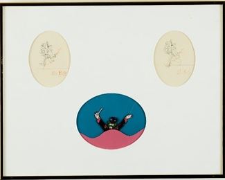 Group of original animation cels and production sketches (drawing) from the Beatles' "Yellow Submarine" (United Artists/King Features, 1968). Includes two groups comprised of two sketches and one cel framed together, one sketch depicting a Blue Meanie framed individually, and two cels depicting Blue Meanies framed individually. 
SKU: 01230
Follow us on Instagram: @revereauctions