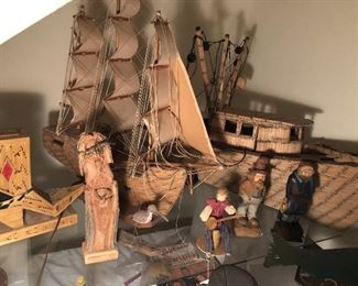 Large Matchstick Sailboat - Large Matchstick Shrimpboat - Hand Carved Figurines - Folkart