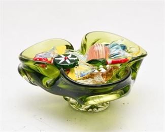 23. Leaf Green Blown Glass Dish with Glass Candies
