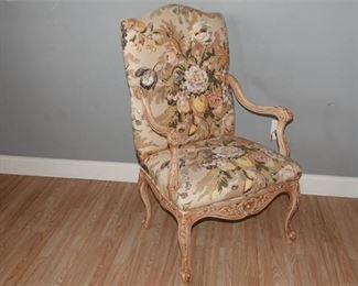 63. French Provincial Carved wood Armchair wFloral Fabric