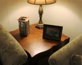 End table $120, table lamp with fabric shade $40