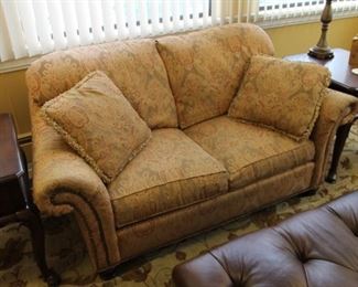 Fabric upholstered sofa with nailhead detail and 2 matching pillows $360 (as-is)