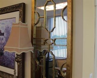 Ballard Designs decorative faux gilded mirror $60 SOLD, gilded table lamp with fabric shade $40