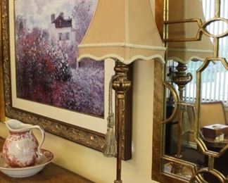 Gilded table lamp with fabric shade $40