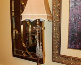 Gilded table lamp with fabric shade $40