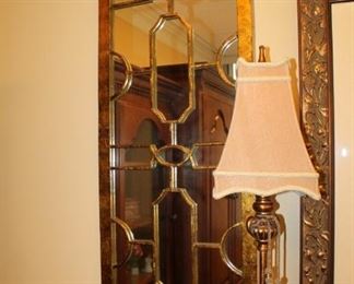 Ballard Designs decorative faux gilded mirror $60, gilded table lamp with fabric shade $40