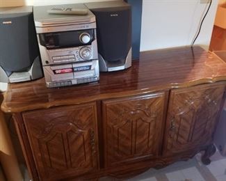 AIWA stereo, sofa console/cabinet, area rug