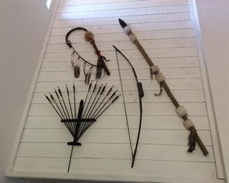 Quiver of arrows, bow, spear and whip