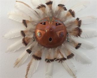 Gourd mask with feathers and turquoise Zuni
