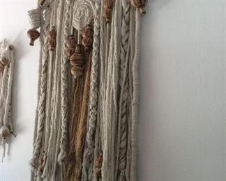 Large Mexican wall hanging with fabric and pottery, macrame