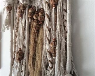 Smaller Mexican wall hanging with pottery, hemp.  Macrame