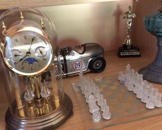 Dome clock, small glass chess set, decor