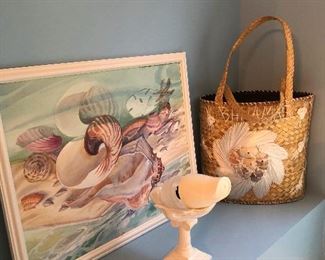 basket purse, seashell print, bone I guess