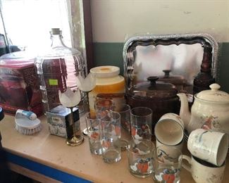 vintage crocks, giant water jug, goose-bedecked drinking glasses