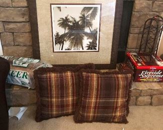 framed palm trees, throw pillows with sideburns