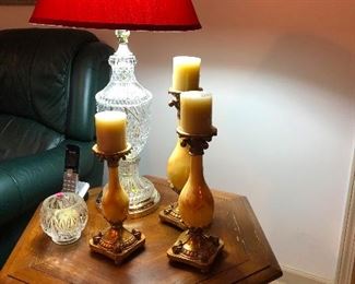 Table lamp with crystal base -- I priced this cheap! Cher was like, "Why is this so cheap?" And I was like, "Because I love our customers! Why don't you love our customers?" Also, three mildly pregnant candle holders