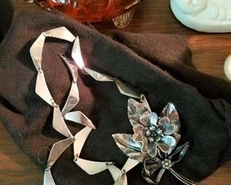 Hans Hansen Sterling Silver Modern Necklace and Bracelet Set. Sterling Brooch also pictured.