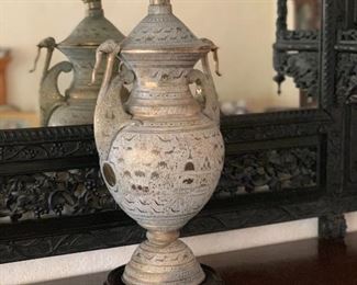 Indian or MIddle Eastern brass urn. Finely wrought with elephant handles
