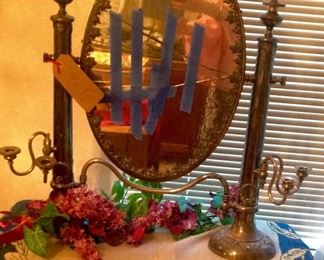 Antique silver plate table mirror with candelabra..( mirror needs replacing) 