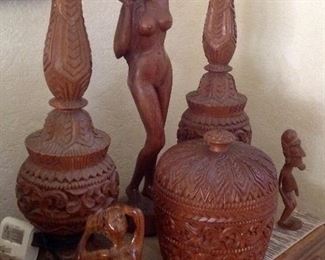 Pair carved Thai lamps and other wood carvings ( Bali and Easter Island)