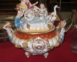 large covered tureen with chariot and mermaids marked Dresden
