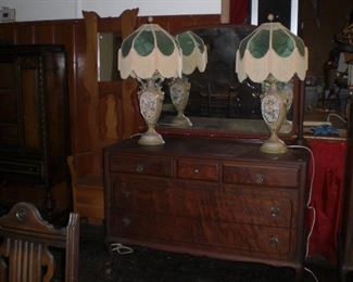 wal. dresser with mirror, pr. of ornate bisque lamps 