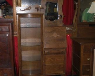 oak side by side curved glass curio cabinet with drop front desk