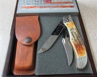 Case XX Folding Hunter Knife w/Stag Handles, Engraved Bolsters & Blades by Artist J.Kidd