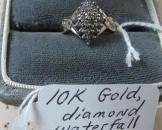 10K Gold Diamond Waterfall Cluster Ring